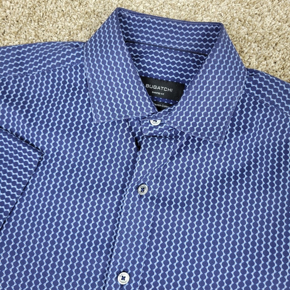 Bugatchi Shaped Superfine Stretch Cotton Mens Medium Blue Geometric Button Up SS